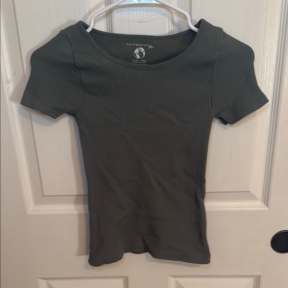 Free People Intimately Green Ribbed Short Sleeve Tight Top